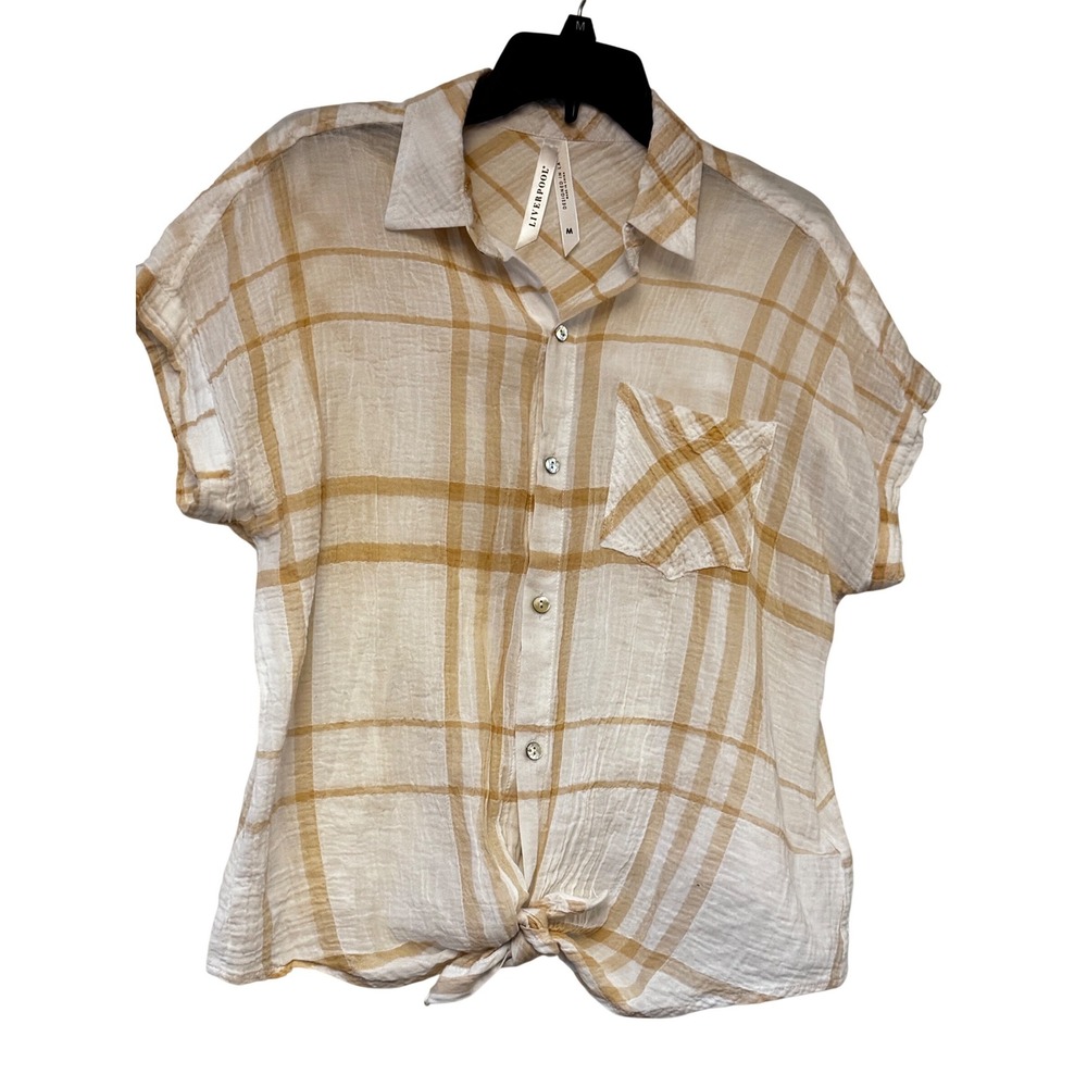 Liverpool Los Angeles Tan Plaid Gauze Tie Front Short Sleeve Button Down Shirt M
